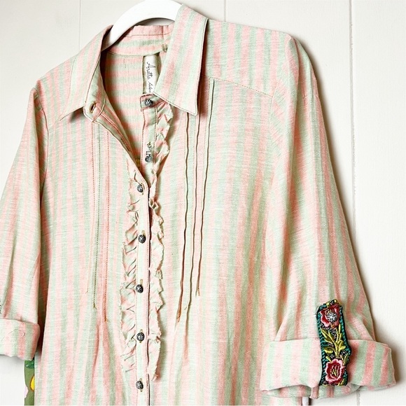 Aratta Silent Journey Button Up Tunic Shirt XS boho floral top stripes beaded - Picture 3 of 14